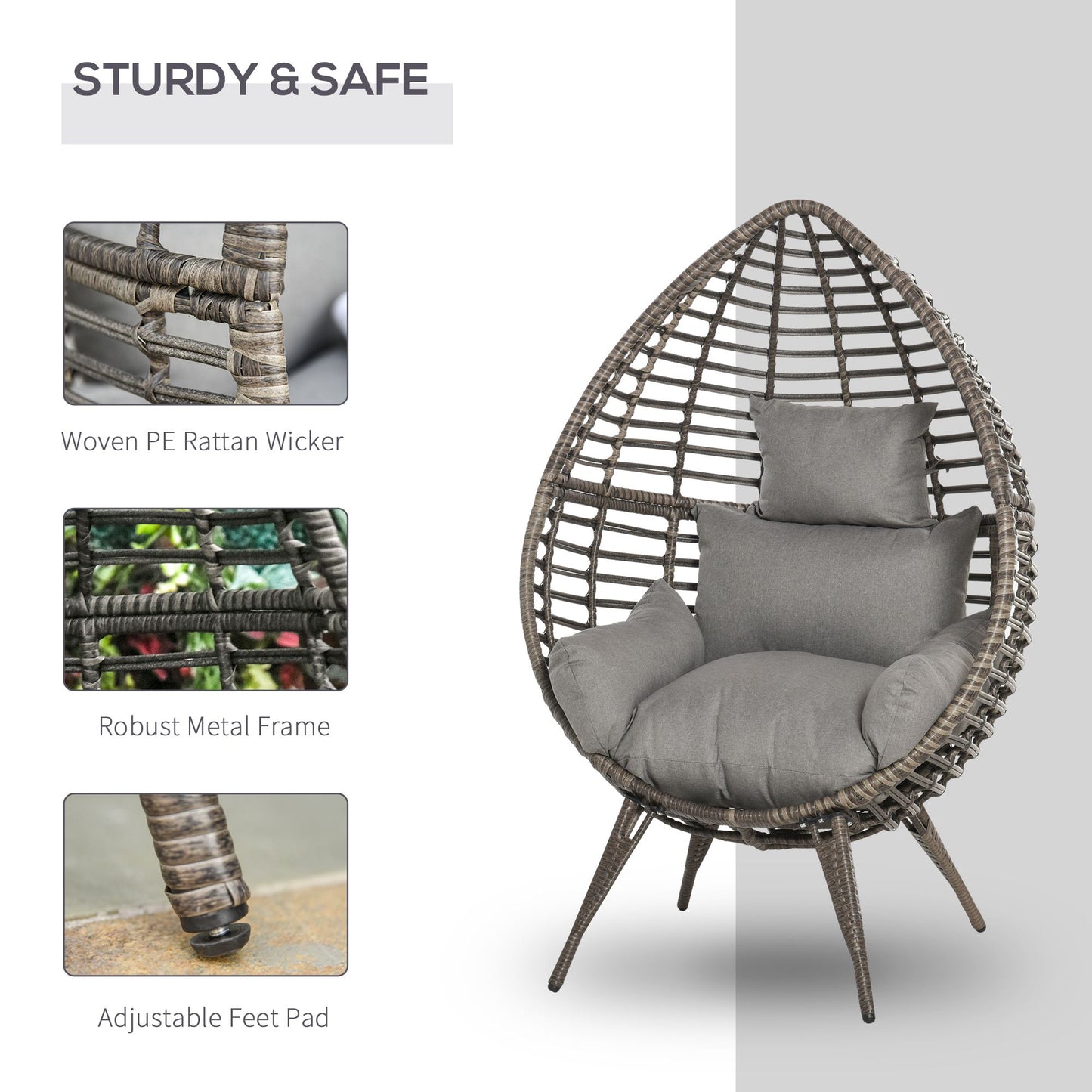 Outsunny Wicker Egg Chair with Trapezoidal Cushion 352lbs Capacity Rattan Egg Chair for Backyard Garden Coffee Brown