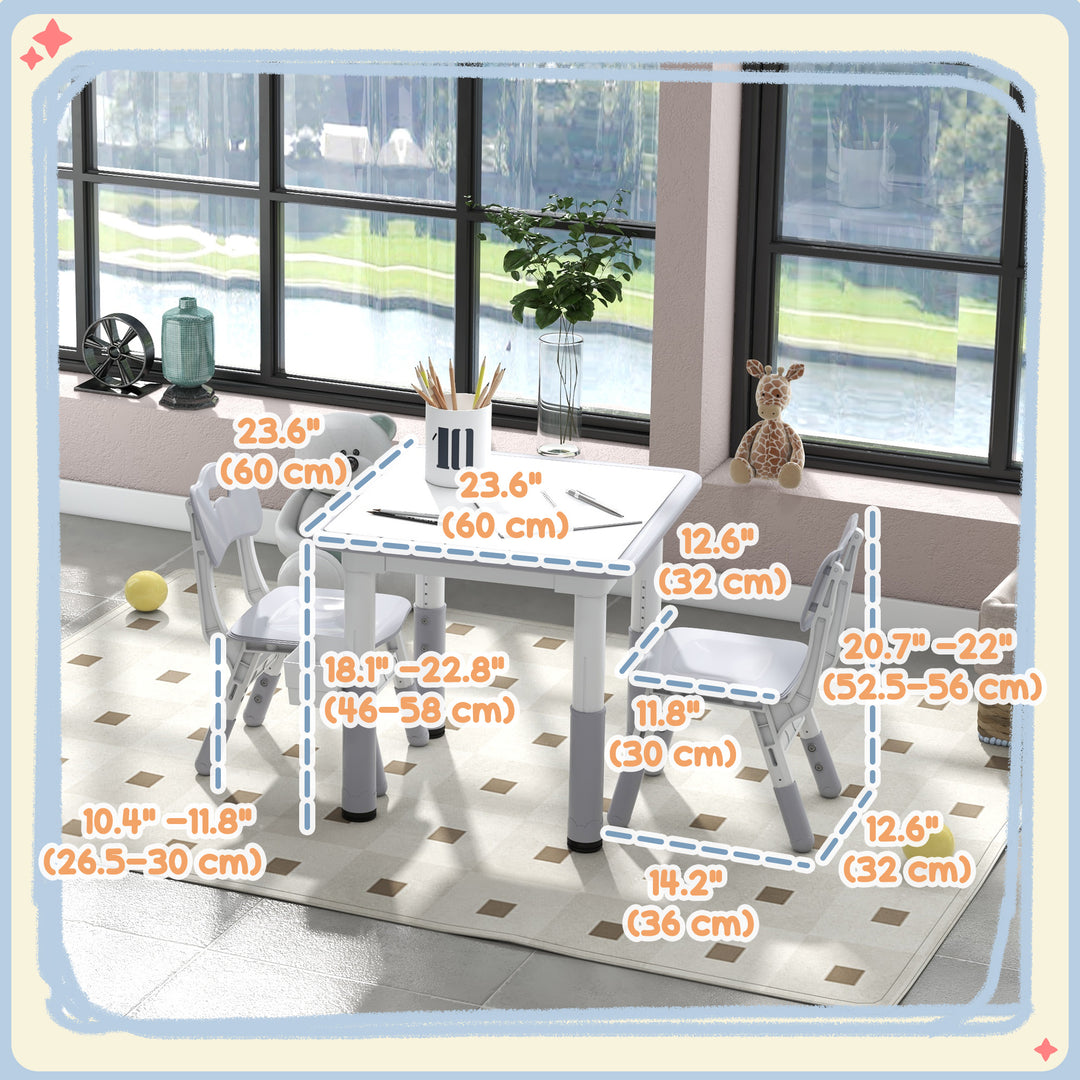 Qaba 3 Pieces Toddler Table and Chair Set, Height Adjustable Kids Table and Chair Set w/ Storage, for Playroom Grey