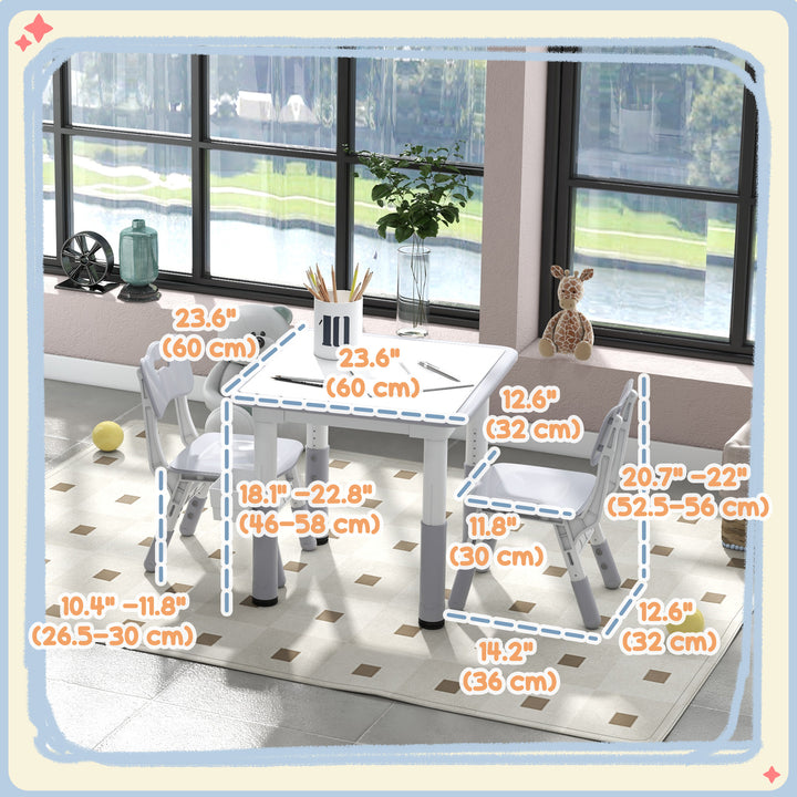 Qaba 3 Pieces Toddler Table and Chair Set, Height Adjustable Kids Table and Chair Set w/ Storage, for Playroom Grey