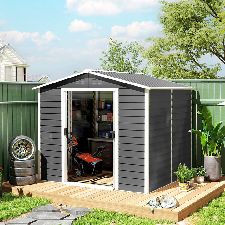 Outsunny 8' x 7' Outdoor Storage Shed, Galvanized Steel Metal Garden Shed with Lockable Doors, Floor Frame, Vents, Lock and Gloves for Backyard, Lawn, Patio, Teak