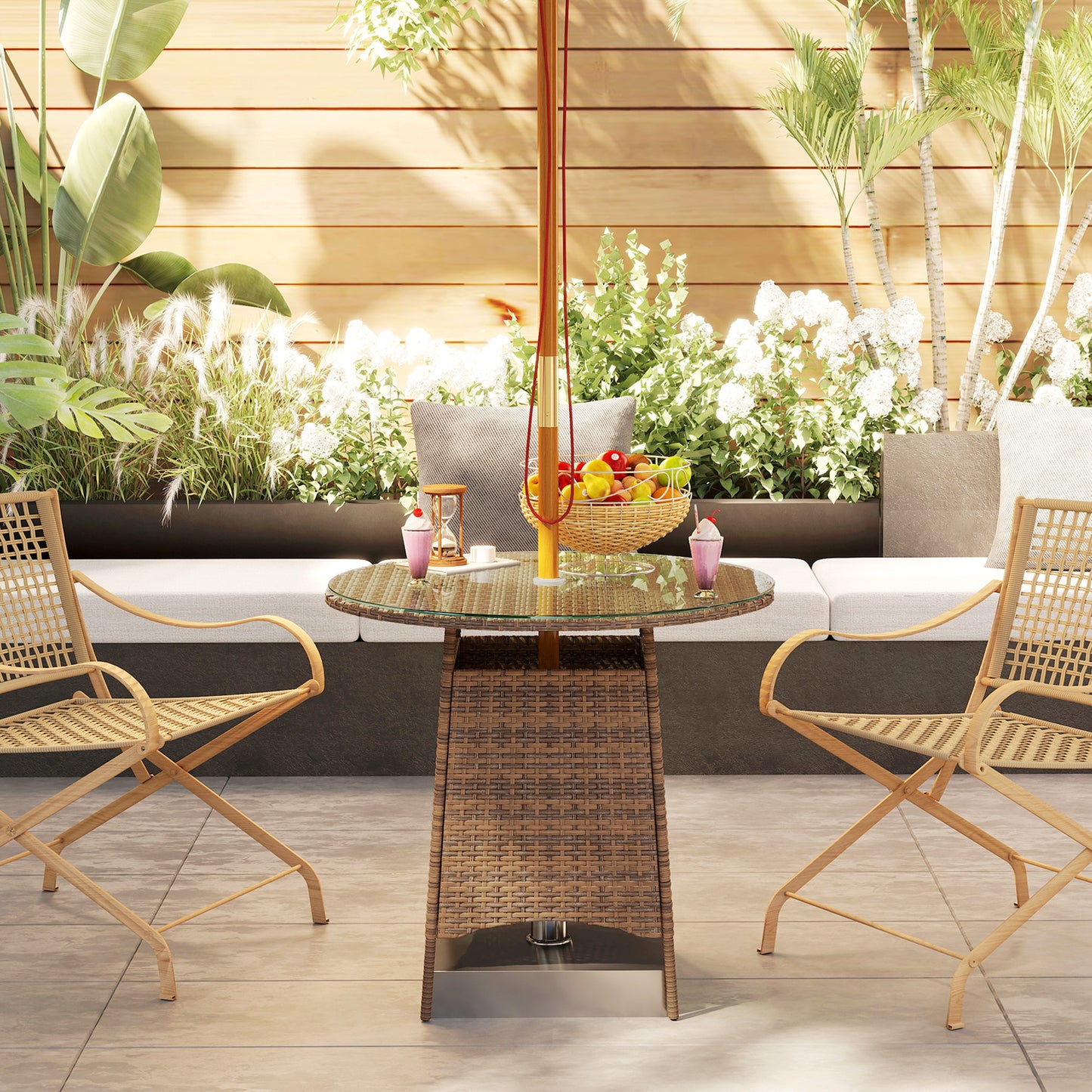 Outsunny 31.5" Outdoor Round Patio Table with Umbrella Hole, Bistro Coffee Table with Tempered Glass Top for Garden, Brown
