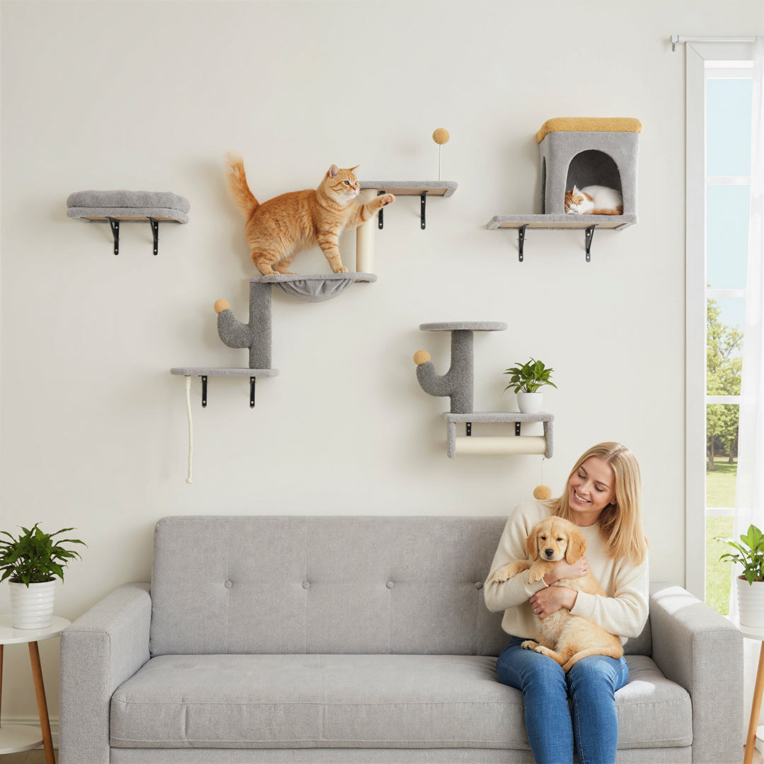 PawHut Cat Wall Shelves, 4 Pcs Cat Wall Furniture Set with Scratching Posts, Condo, Hammock, Perchs, Light Grey