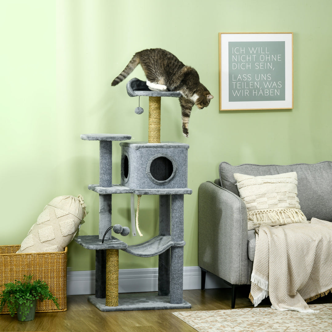 PawHut 54" Cat Tree for Larger Cats Adult with Hammock, Tal Cat Tree Tower with Scratching Post, Condo, Platforms, Play Balls for Indoor Cats, Grey