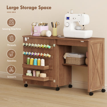 HOMCOM Sewing Machine Table on Wheels, Folding Craft Table with 2 Bins, Storage Shelf, 18 Pegs, Lockable Wheels, Brown