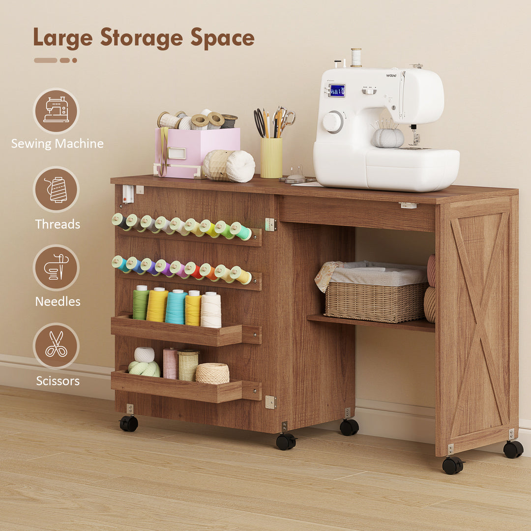 HOMCOM Sewing Machine Table on Wheels, Folding Craft Table with 2 Bins, Storage Shelf, 18 Pegs, Lockable Wheels, Brown