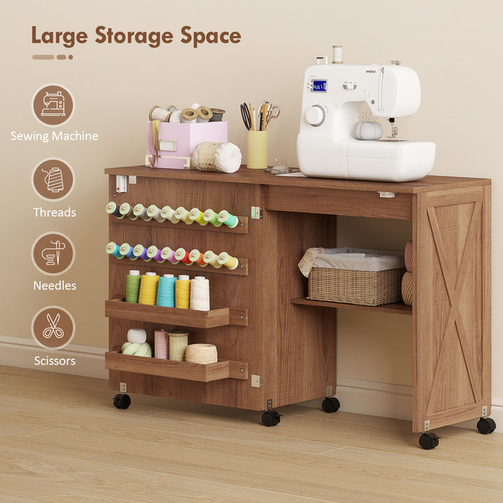 HOMCOM Sewing Machine Table on Wheels, Folding Craft Table with 2 Bins, Storage Shelf, 18 Pegs, Lockable Wheels, Brown