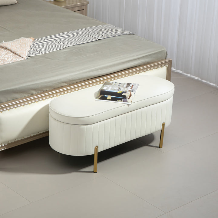 HOMCOM Upholstered Bedroom Bench, Channel Tufted Ottoman Bench with Thick Padding and Metal Legs, Cream White