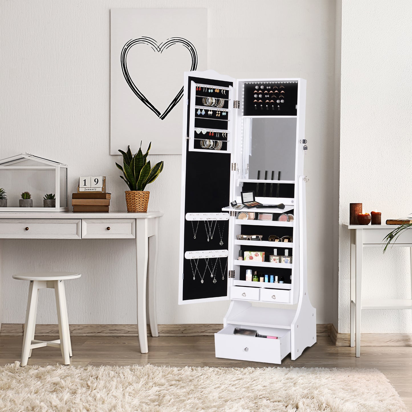 HOMCOM Standing Jewelry Cabinet Organizer Jewelry Armoire with LED Lights, Full Length Mirror, Adjustable Angle, White