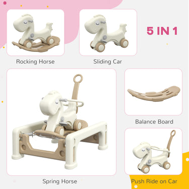 Qaba 5 in 1 Rocking Horse for Toddlers 1-6 Years with Balance Board, Push Handle, 4 Smooth Wheels