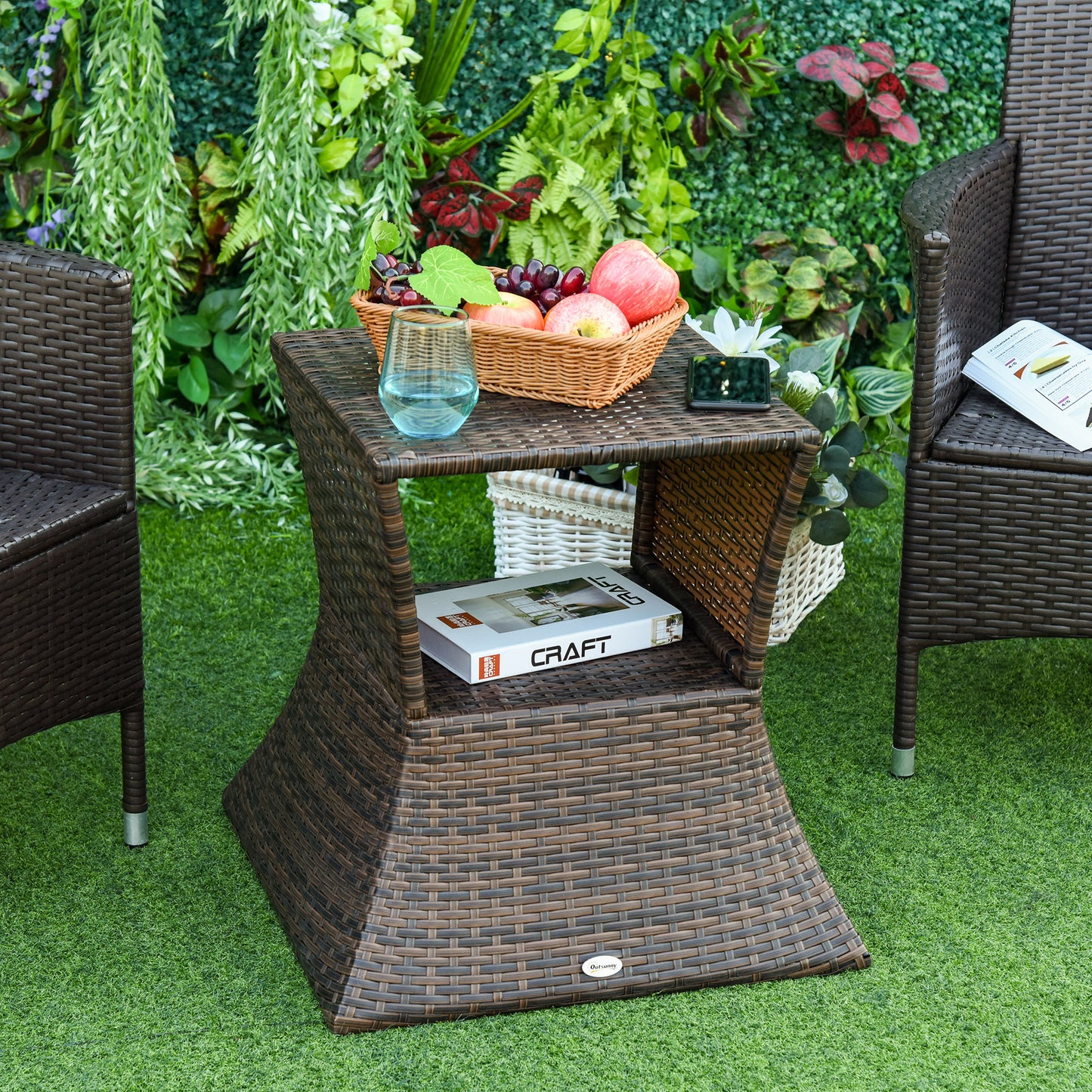 Outsunny Rattan Wicker Side Table, 21.3" Square Outdoor End Table with Umbrella Hole 2-Tier Storage for Patio Garden Mixed Brown