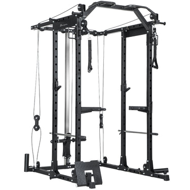 Soozier Multi-Functional Power Rack, Smith Machine Cable Crossover System with Pull Up Bar, Lat-Pull Down System, Landmine