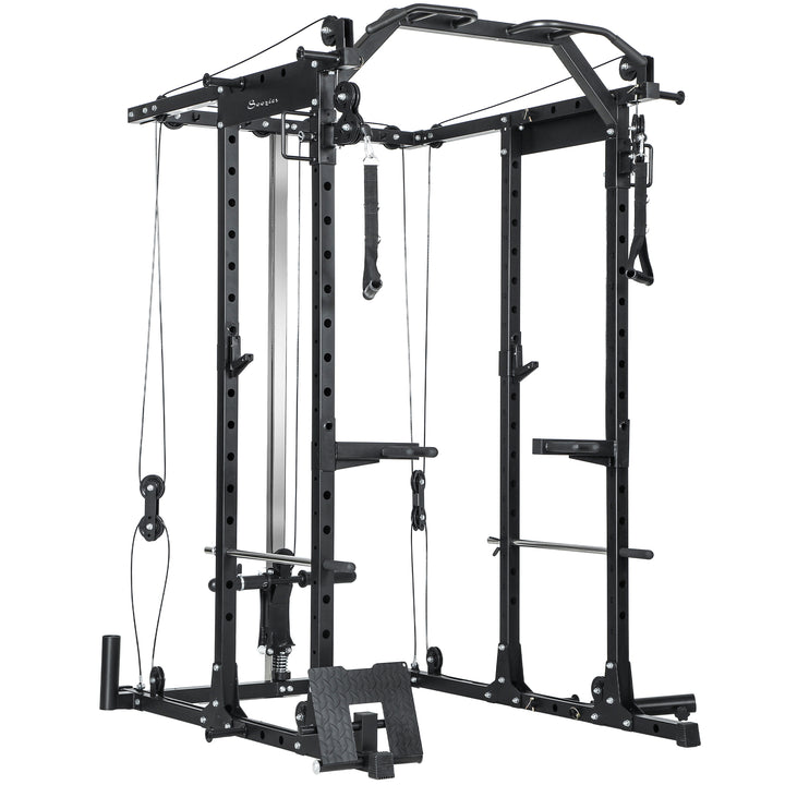 Soozier Multi-Functional Power Rack, Smith Machine Cable Crossover System with Pull Up Bar, Lat-Pull Down System, Landmine