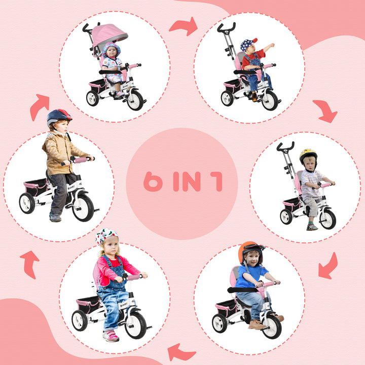 Qaba 6 in 1 Toddler Tricycle Stroller with Basket, Canopy, 5-point Safety Harness, for 12-60 Months, Pink