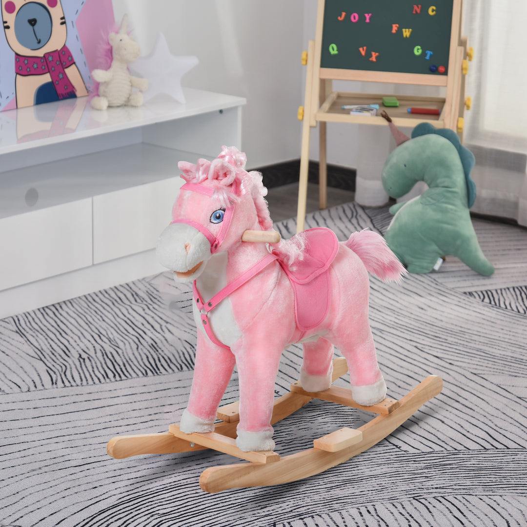 Qaba Kids Plush Rocking Horse Child Ride On Toy Rocker with Realistic Sounds Pink