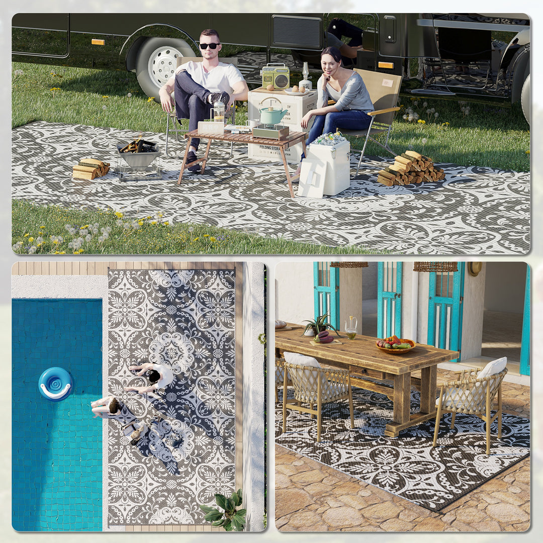 Outsunny Portable Outdoor Rug with Carry Bag, 9' x 18' Reversible Mat, Waterproof Plastic Straw RV Rug for Backyard, Deck, Picnic, Beach, Camping, Gray & White Flower