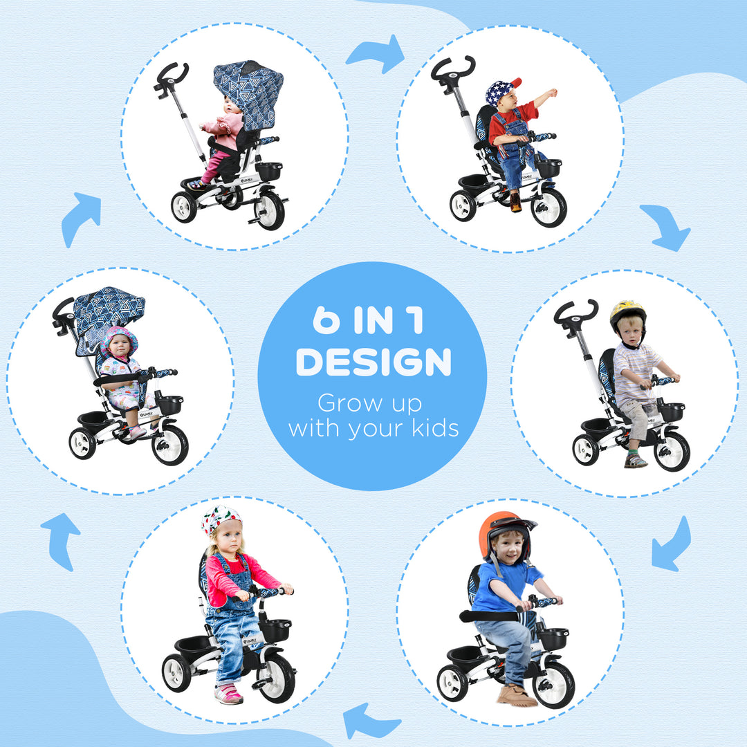 Qaba 6 in 1 Toddler Tricycle with Parent Push Handle, Canopy, Storage Baskets, Cupholder, Dark Blue