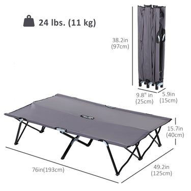 Outsunny 76" Two Person Folding Camping Cot Outdoor Portable Double Cot Wide Military Sleeping Bed w/ Carrying Bag Grey