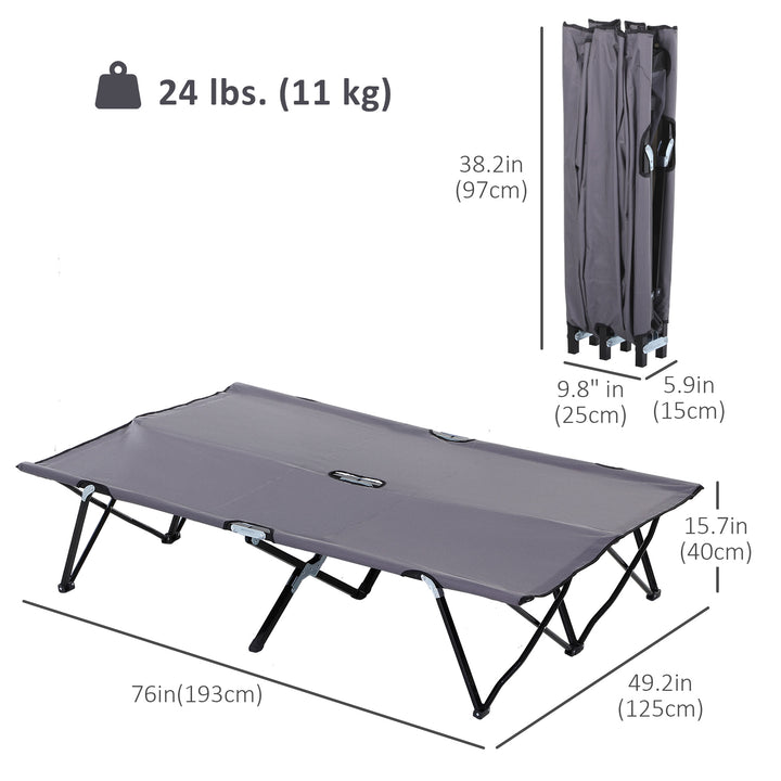 Outsunny 76" Two Person Folding Camping Cot Outdoor Portable Double Cot Wide Military Sleeping Bed w/ Carrying Bag Grey