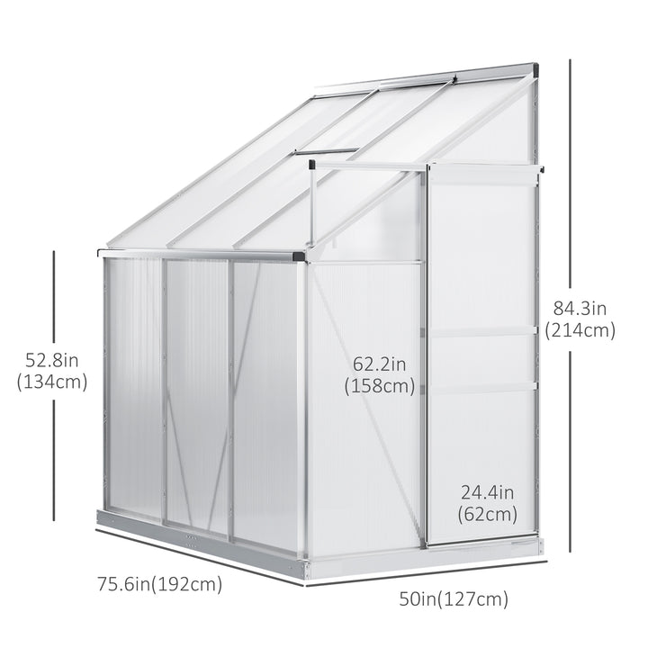 Outsunny 6' x 4' Aluminum Lean-to Greenhouse Polycarbonate Walk-in Garden Greenhouse with Adjustable Roof Vent, Rain Gutter and Sliding Door for Winter, Clear