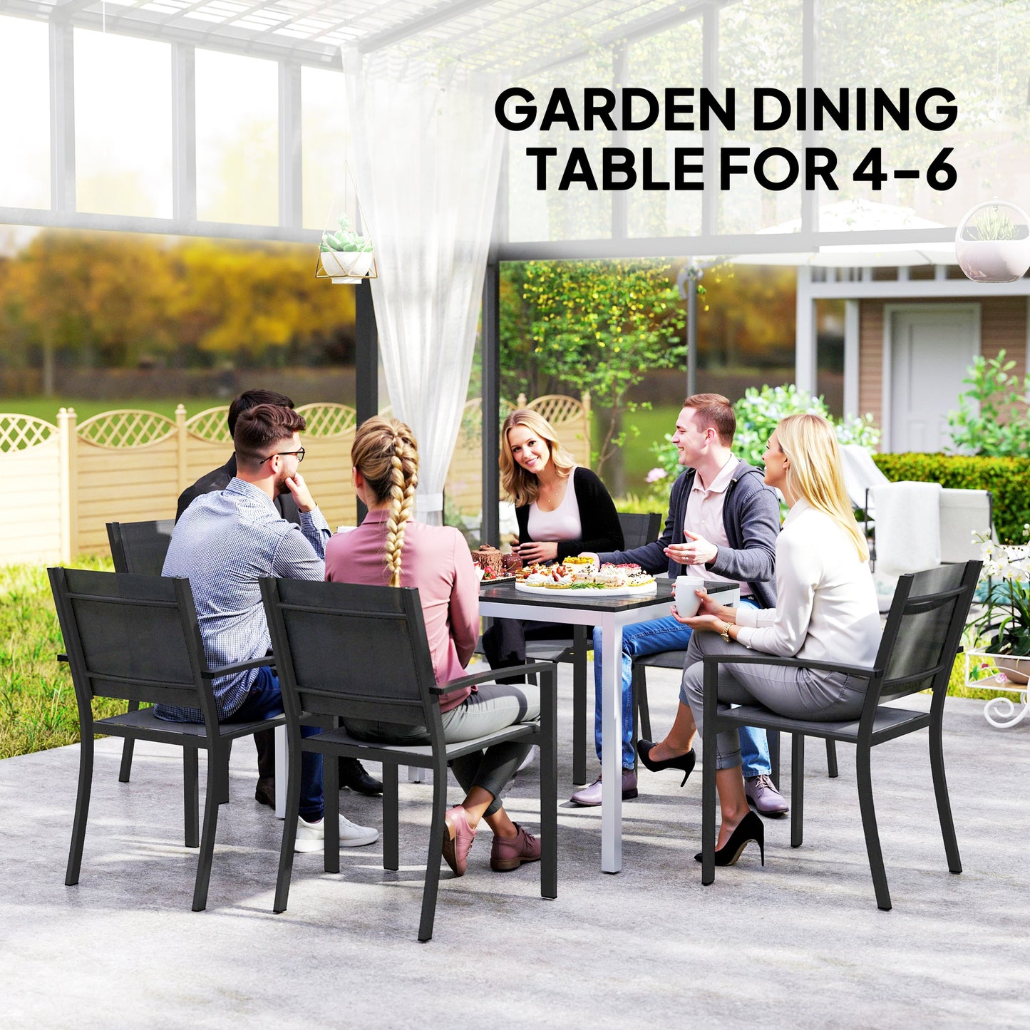 Outsunny Outdoor Dining Table for 4-6 with Easy Maintenance Slatted Top, Rust-Resistant Aluminium Frame, Black