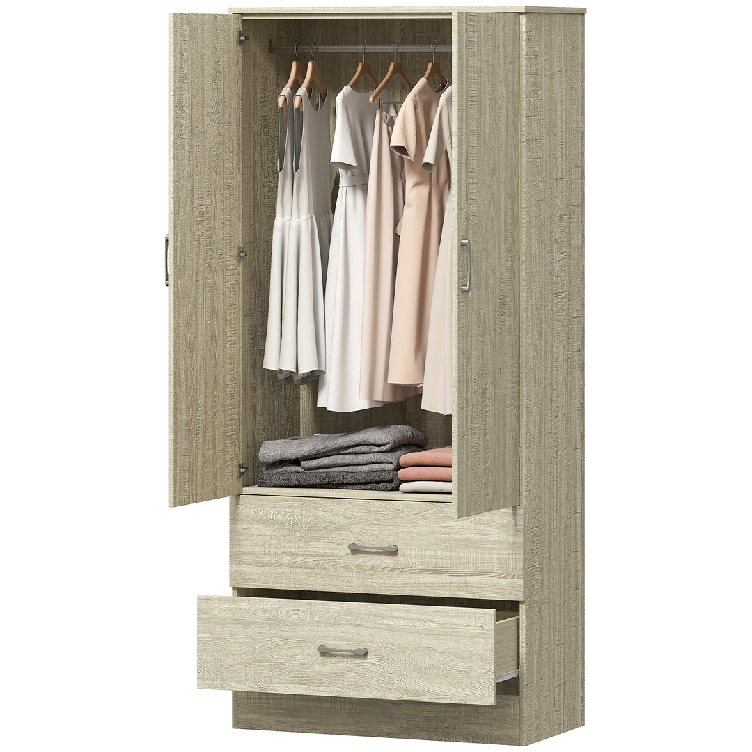 HOMCOM Wardrobe Closet Armoire with Hanging Rod and 2 Doors, Clothes Storage Organizer with 2 Drawers for Bedroom, Oak