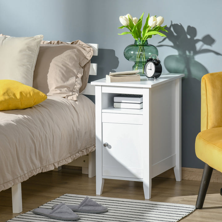 HOMCOM Wooden3-Tier Modern Nightstand with Pullout Shelf, Adjustable Open Shelf, and Door Cabinet, White