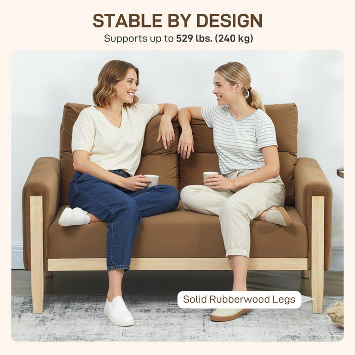 HOMCOM 53" Loveseat Sofa, Small 2 Seater Couch with Solid Wood Legs, Modern Velvet Sofa for Living Room, Small Spaces,Brown