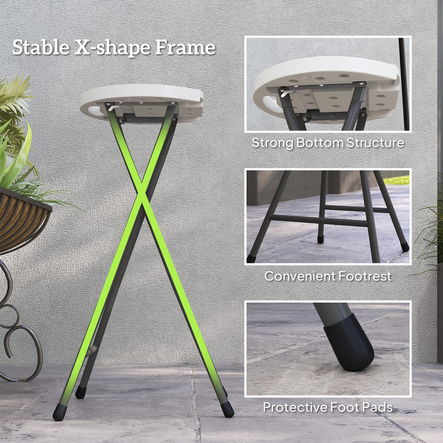 Outsunny Set of 4 Folding Outdoor Bar Stools, 29" Counter Height Stools with Handle, Indoor Outdoor Stool Chair with Footrest