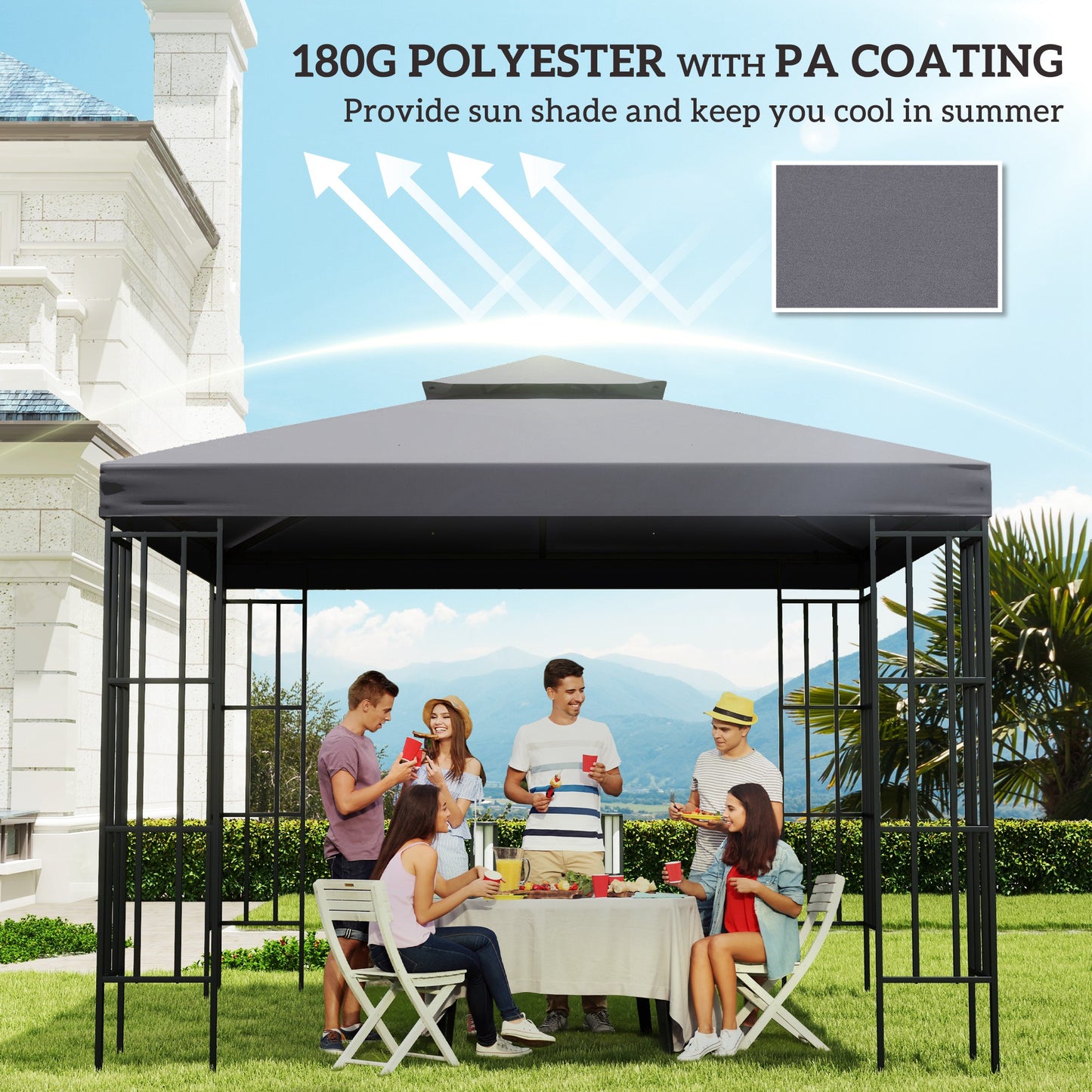 Outsunny 10' x 10' Square 2-Tier Gazebo Canopy Replacement Top Cover Outdoor Garden Sun Shade, Charcoal Grey