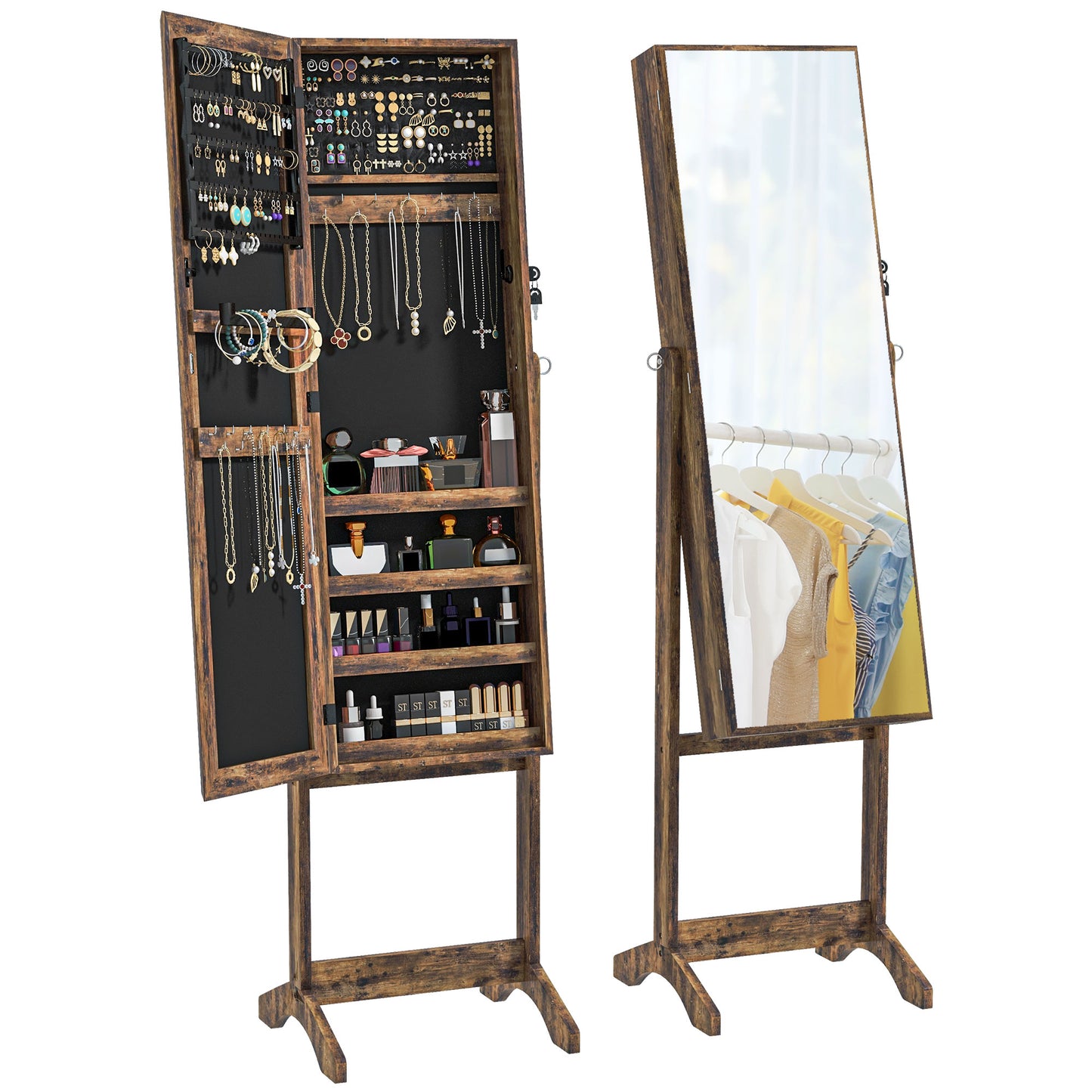 HOMCOM Mirror Jewelry Cabinet Armoire, Lockable Jewelry Organizer with Full-Length Mirror, 3 Angle Adjustable, Grey