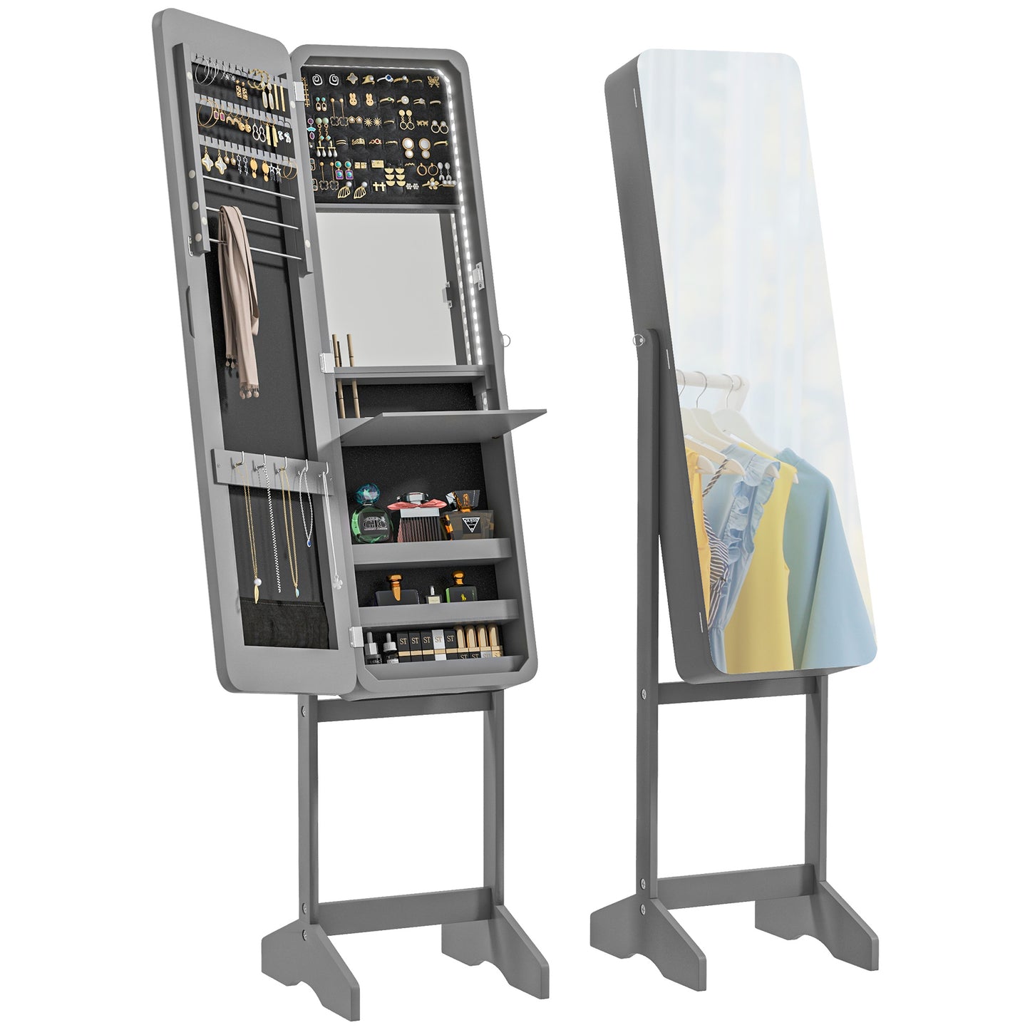 HOMCOM Freestanding Mirror Jewelry Cabinet Armoire, LED Lighted Jewelry Organizer with Stand, Angle Adjustable, White