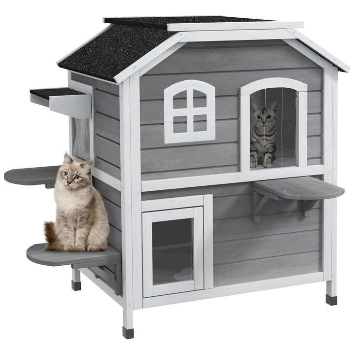 PawHut 2-Storey Outdoor Cat House, Wooden Catio with Openable Roof, Lounge Space, Fun Entrances, for Feral Cats, Yellow