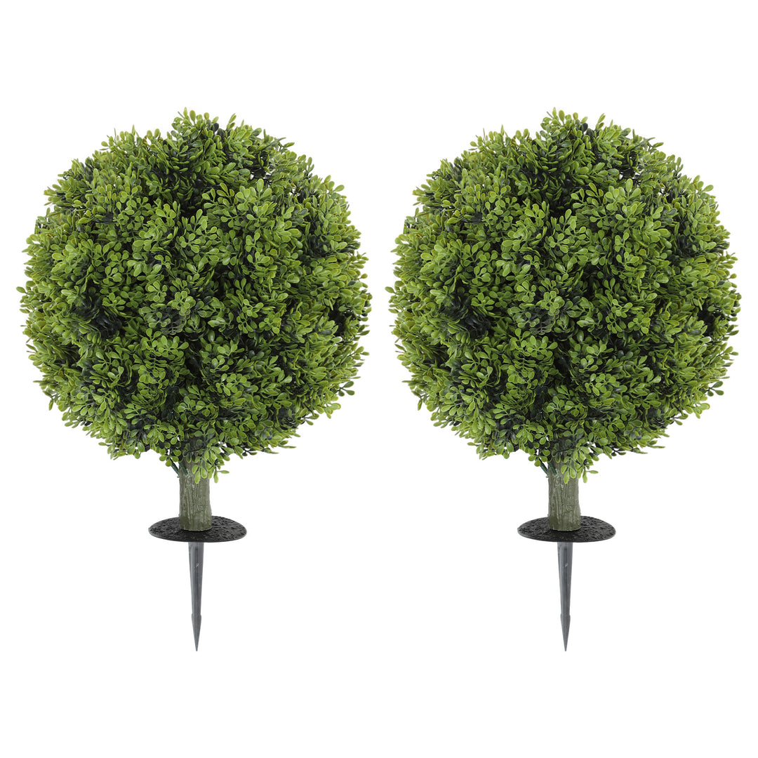 HOMCOM Artificial Boxwood Topiary Trees Set of 2 with Ground Stake, UV Resistant Fake Plants for Indoor Outdoor, Green