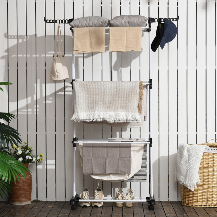 HOMCOM Foldable Clothes Drying Rack, 4-Tier Steel Laundry Rack for Drying Clothes with 2 Side Wings and 4 Castors, Indoor and Outdoor Use, Black