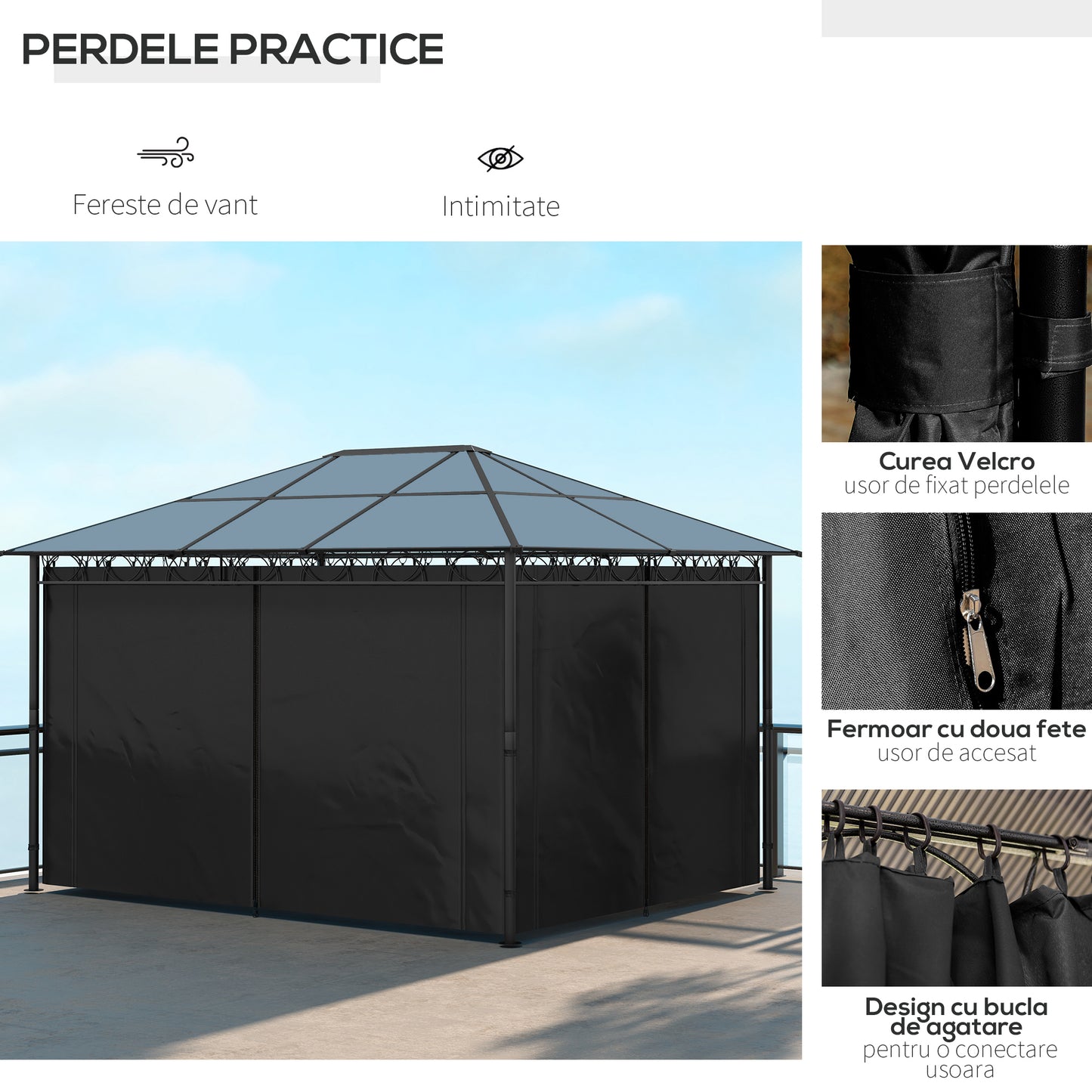 Outsunny 13' x 10' Polycarbonate Hardtop Gazebo Canopy, Outdoor Patio Gazebo with Aluminum Frame & Curtains, Dark Grey