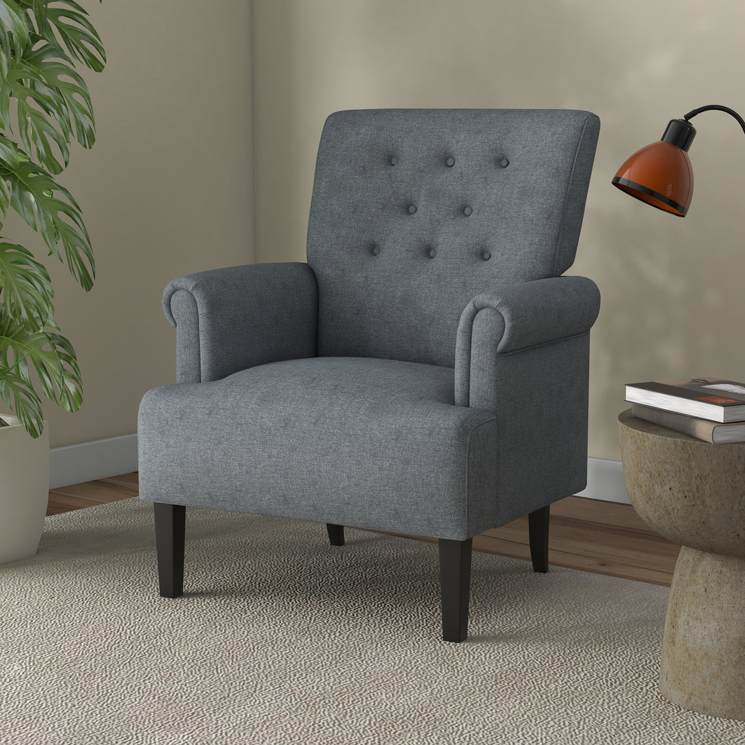 HOMCOM Armchair, Fabric Accent Chair, Modern Living Room Chair with Wood Legs and Rolled Arms for Bedroom, Grey