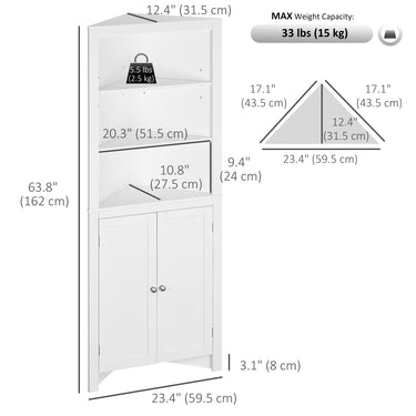 kleankin Tall Bathroom Storage Cabinet, Corner Cabinet with Doors, Linen Cabinet with Doors and 3-Tier Shelves, White