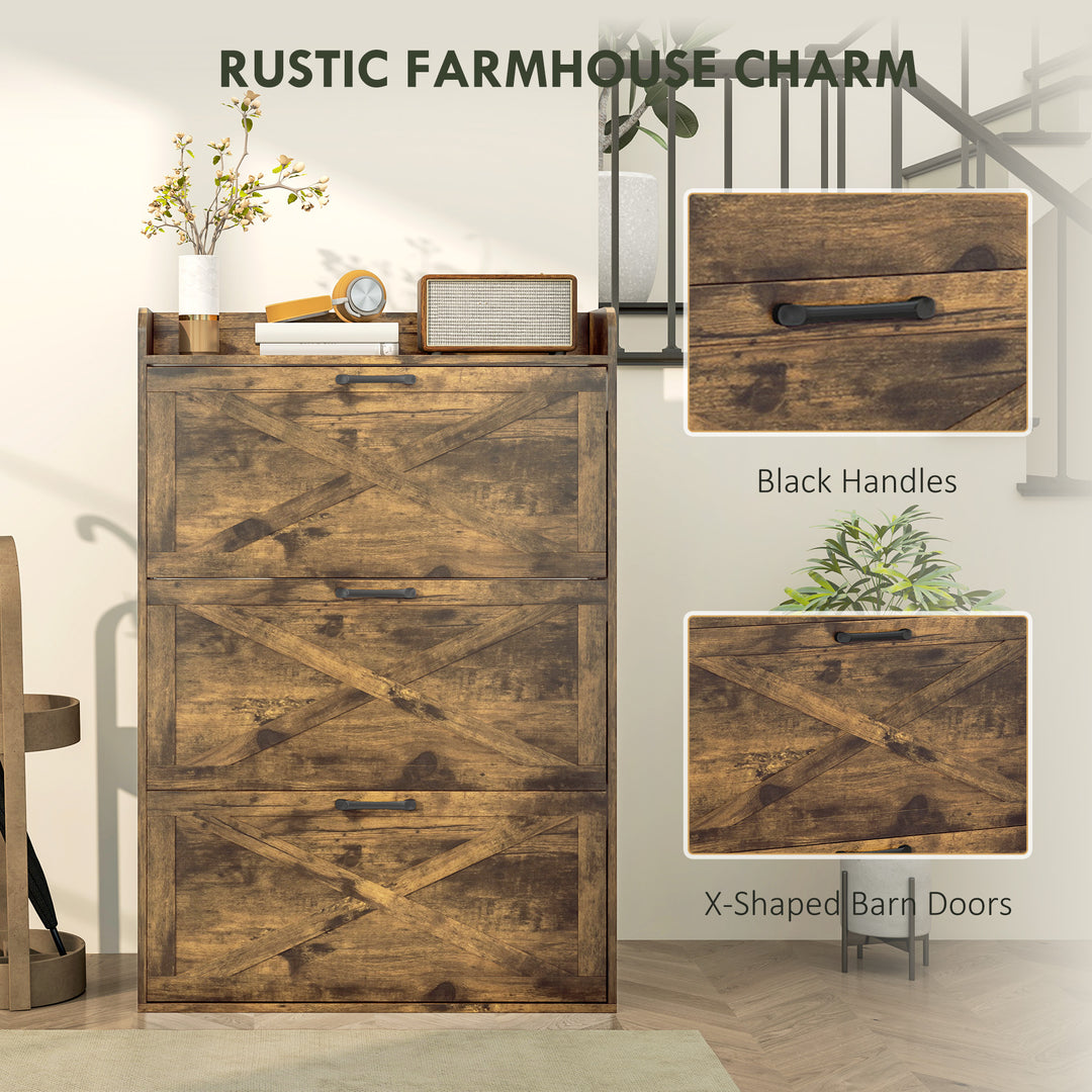 HOMCOM Narrow Shoe Storage Cabinet Farmhouse Shoe Cabinet with 3 Flip Drawers Adjustable Shelves for Entryway White Oak