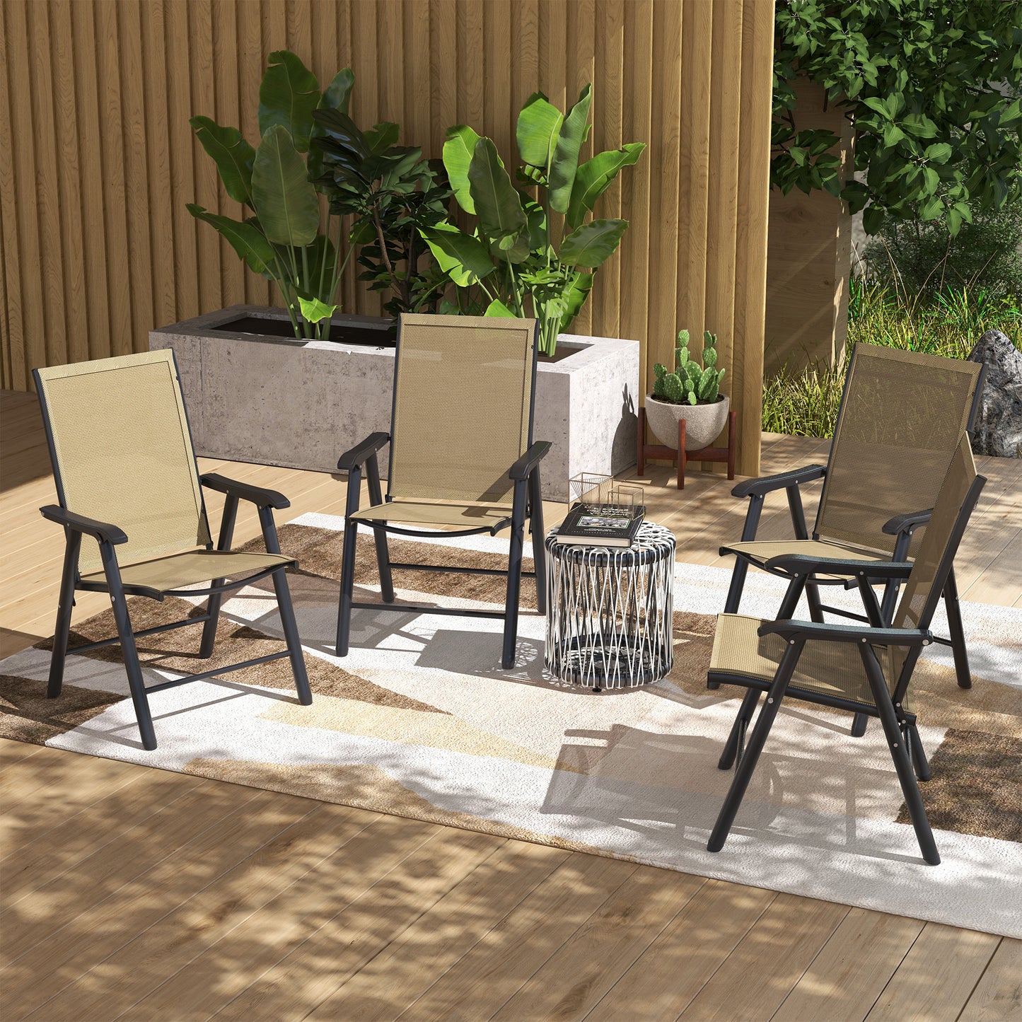 Outsunny 4-Piece Folding Chair Set for Relaxing on Patio Balcony Garden, Comfortable Outdoor Furniture with Armrests, Brown