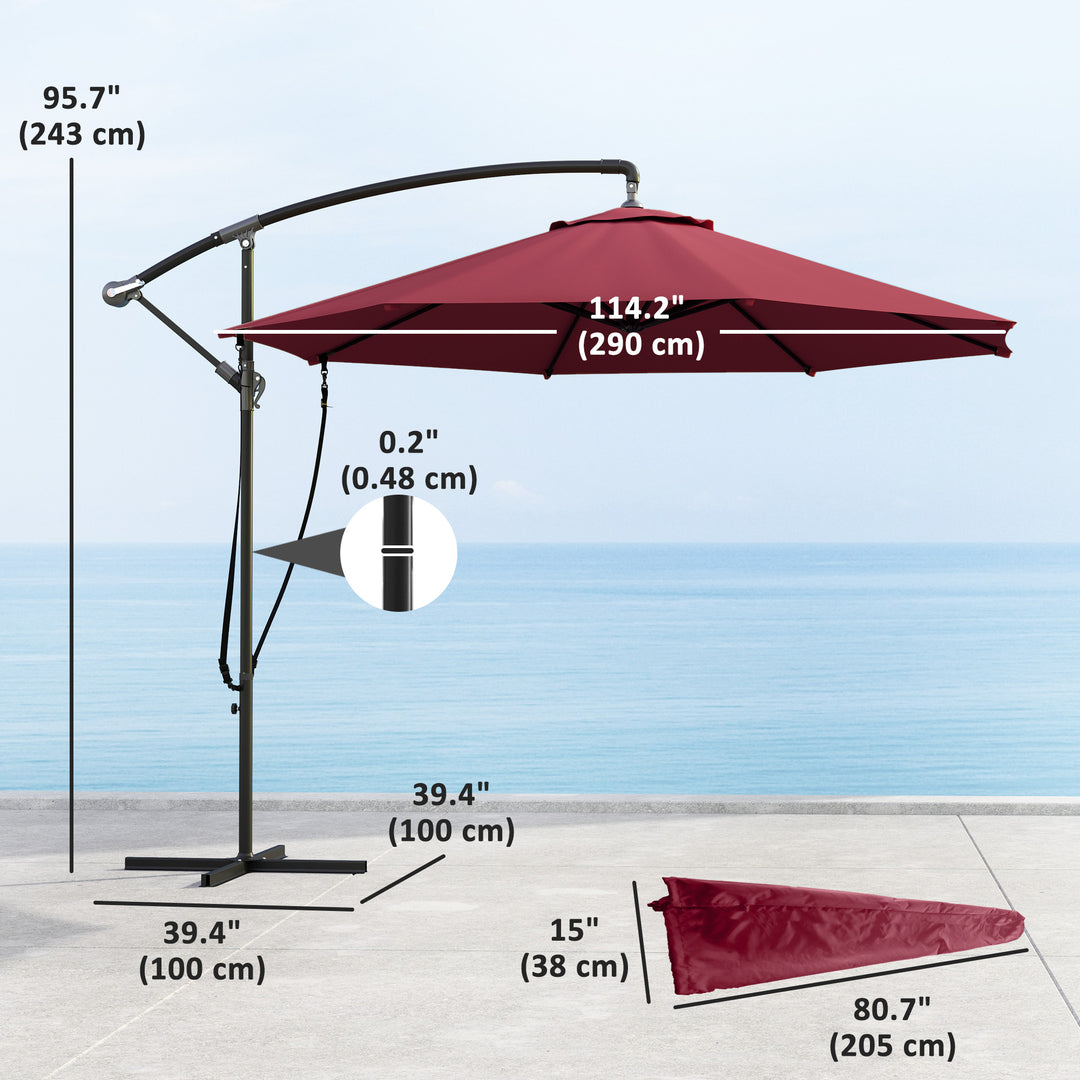 Outsunny 9.5' Cantilever Umbrella with Wind Protection Strap and Cover, Hanging Umbrella with Crank and Cross Base, UPF 50+, Grey