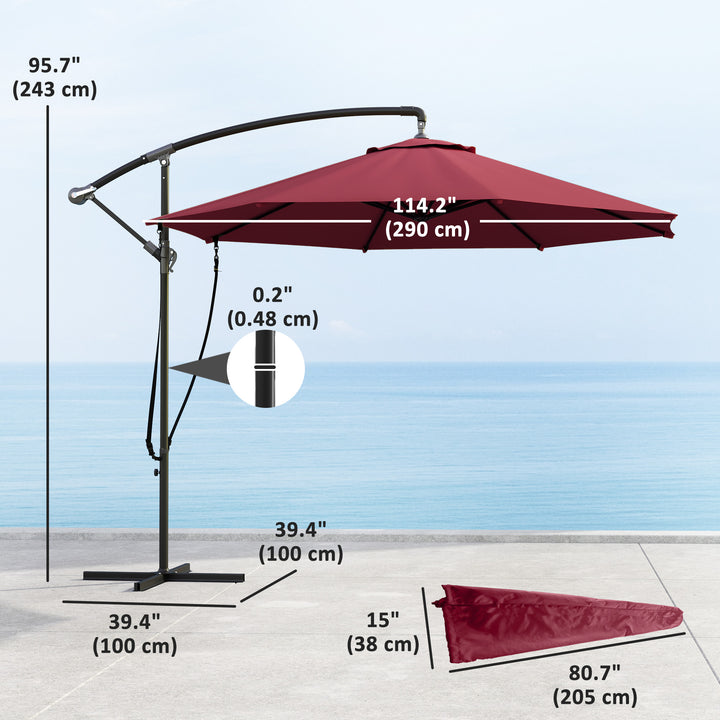 Outsunny 9.5' Cantilever Umbrella with Wind Protection Strap and Cover, Hanging Umbrella with Crank and Cross Base, UPF 50+, Grey