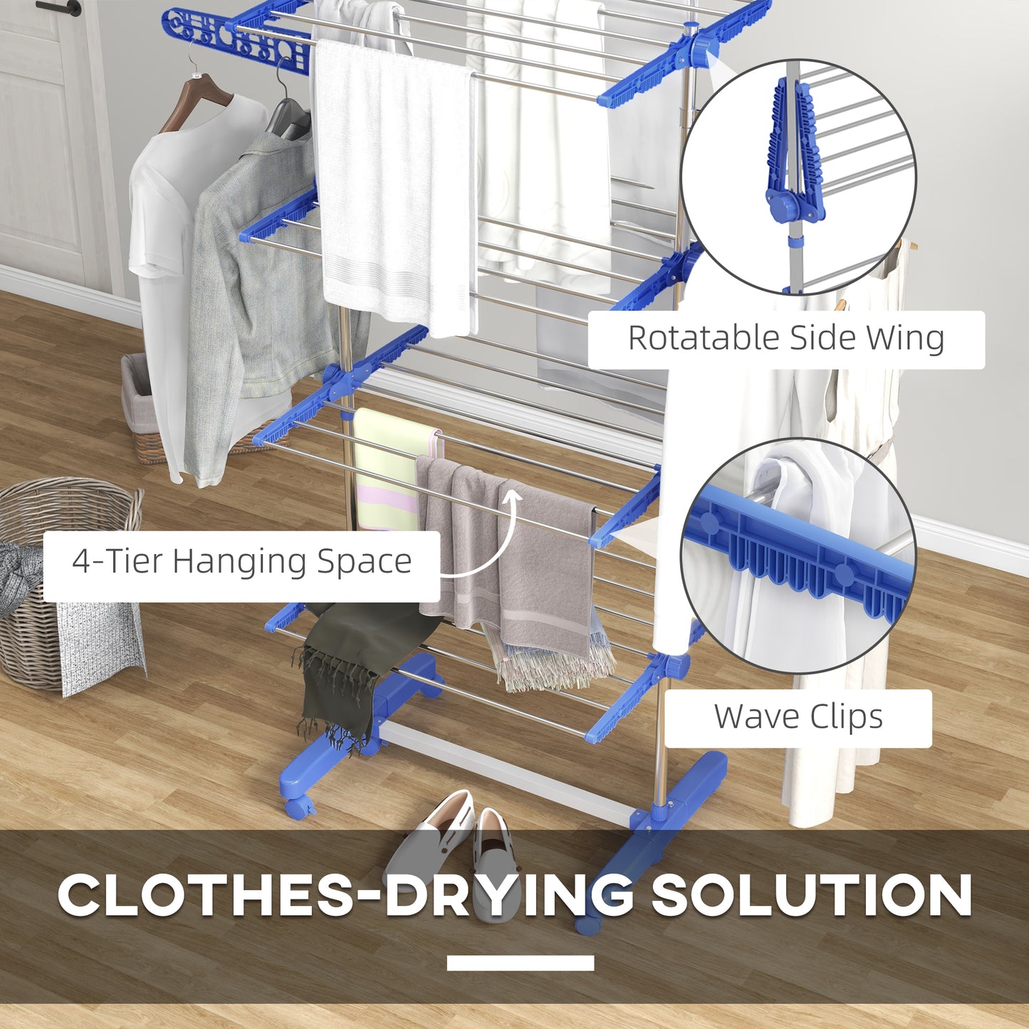 HOMCOM Garment Drying Rack Stainless Steel Folding Clothes Hanging Rack with Side Wings Castors for Indoor Outdoor Grey