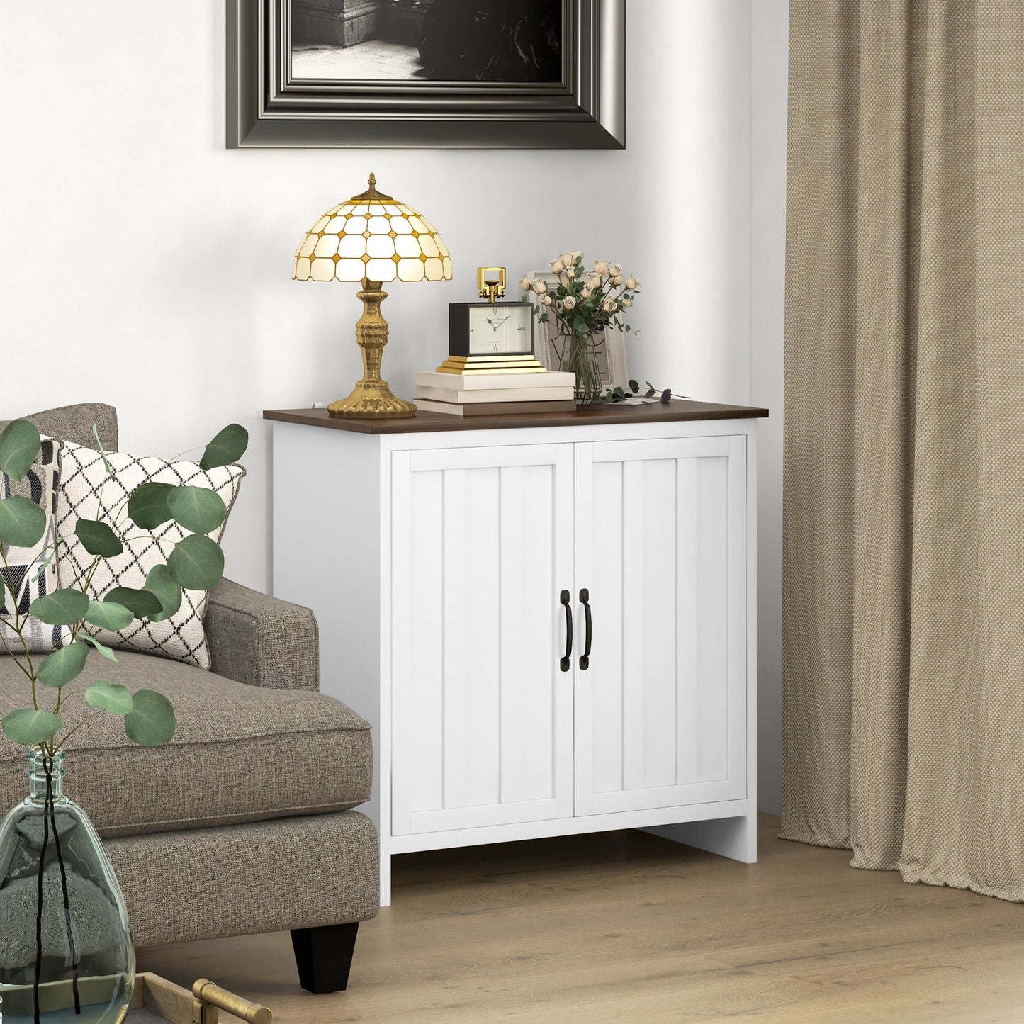 HOMCOM Kitchen Sideboard, Modern Storage Cabinet with Beadboard Doors and Adjustable Shelf for Dining Room, White