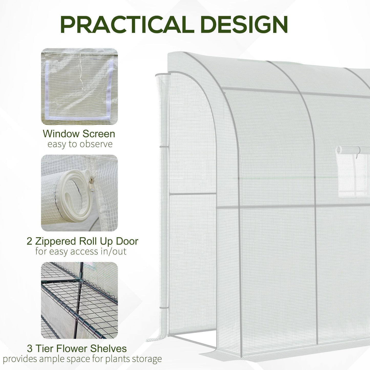 Outsunny 7' x 4' x 7' Outdoor Lean-to Walk-in Garden Greenhouse with Roll-Up Door Hot House for Plants Herbs Vegetables, White