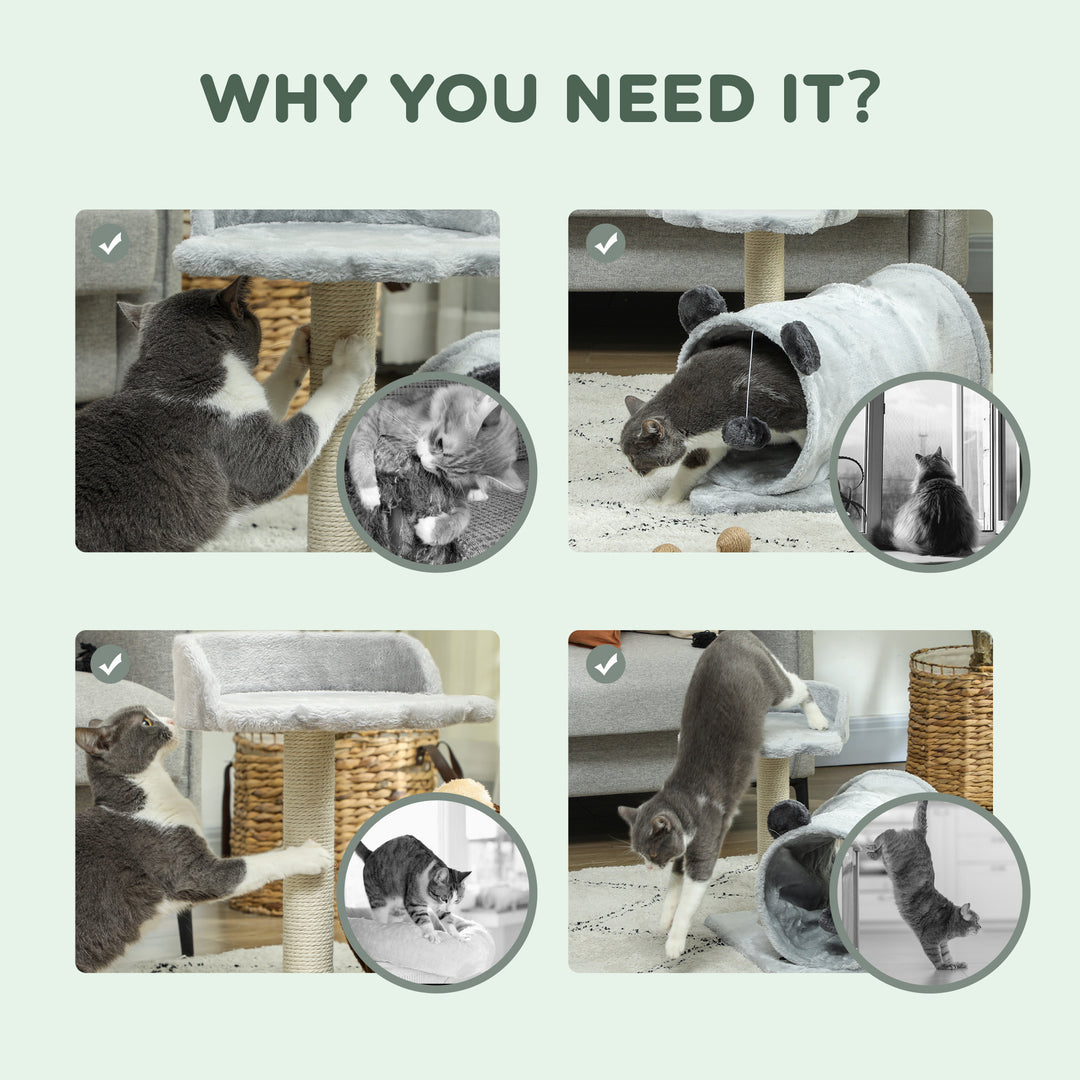 PawHut 18.5" Small Cat Tree, Compact Cat Tower with Tunnel, Scratching Post, Plush Bed, Dangling Ball, for Indoor Use, Grey