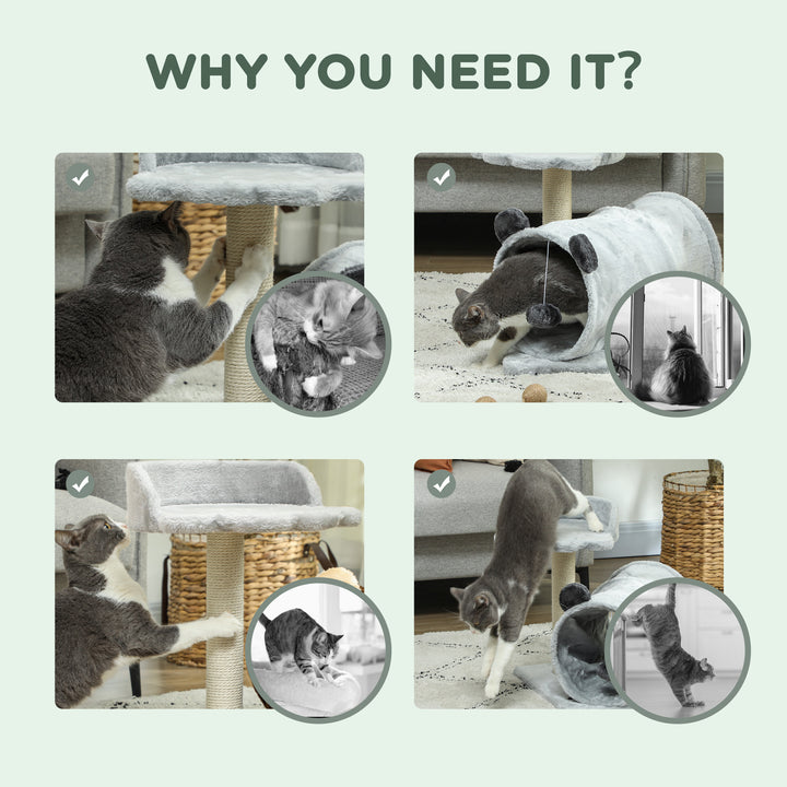 PawHut 18.5" Small Cat Tree, Compact Cat Tower with Tunnel, Scratching Post, Plush Bed, Dangling Ball, for Indoor Use, Grey