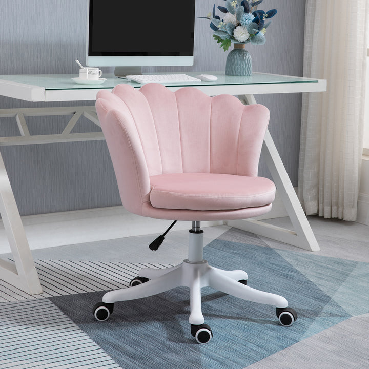 HOMCOM Adjustable Height Study Chair, Mid Back Velvet Office Chair with Swivel Wheels for Living Room, Study, Pink