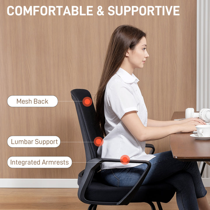 HOMCOM Waiting Room Chair, Desk Chair No Wheels with Mesh Back, Lumbar Support, Metal Base for Reception Room, Conference Room