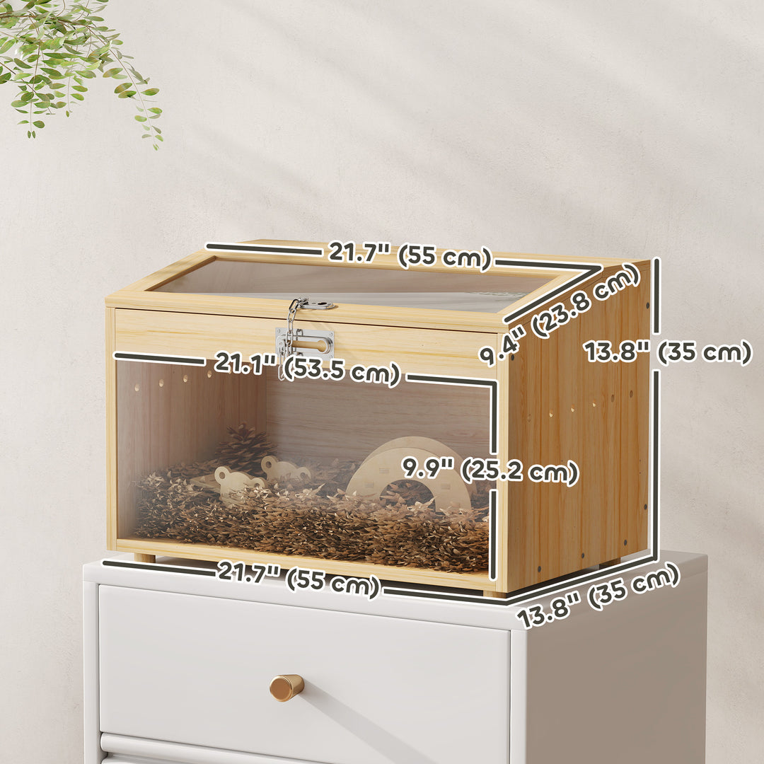PawHut 22"L Hamster Cage with Openable Top & Acrylic Windows, Small Animal Cage with Hut, Seesaw, Ladder, Natural Wood