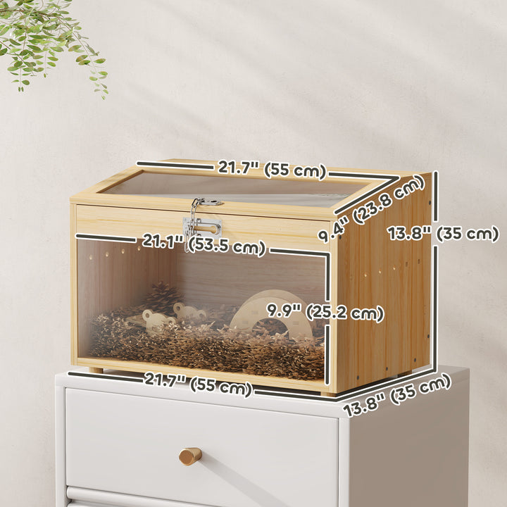 PawHut 22"L Hamster Cage with Openable Top & Acrylic Windows, Small Animal Cage with Hut, Seesaw, Ladder, Natural Wood